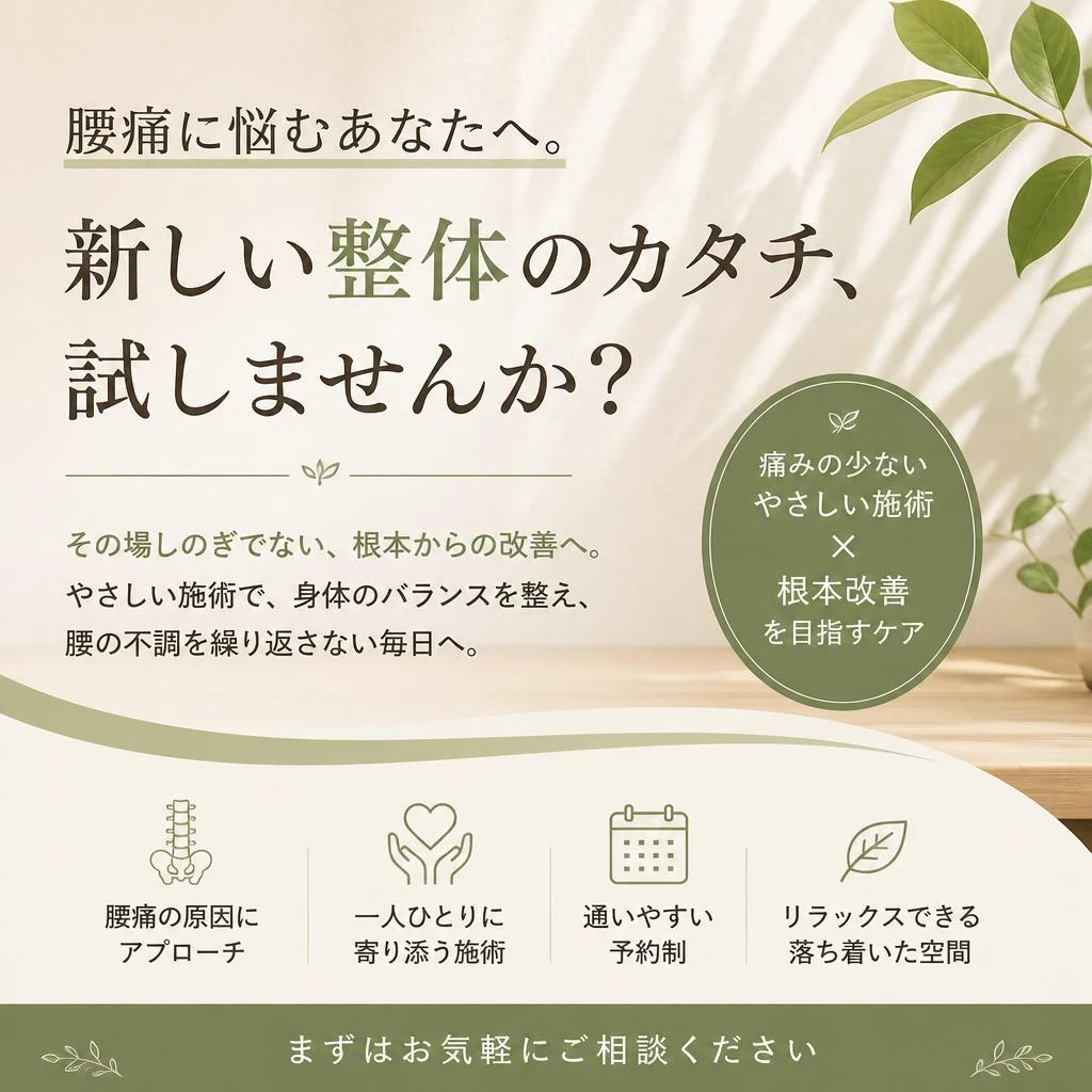 腰痛に悩むあなたへ。新しい整体のカタチ、試しませんか？