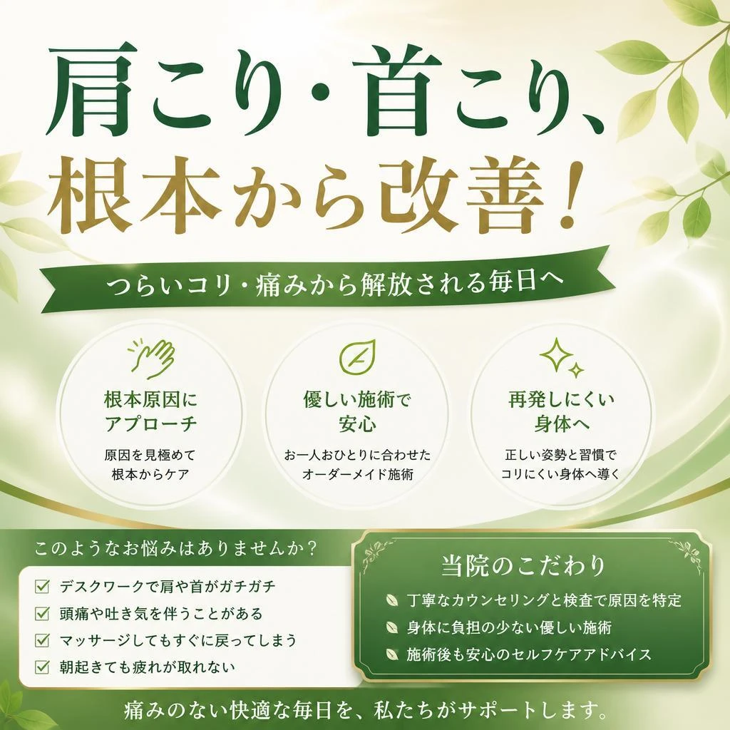 肩こり・首こり、根本から改善！