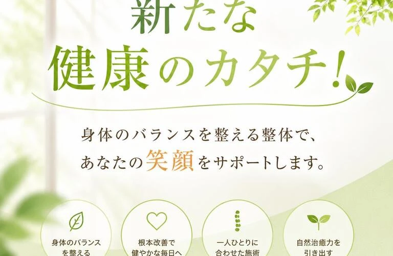 新たな健康のカタチ！
身体のバランスを整える整体で、あなたの笑顔をサポートします。