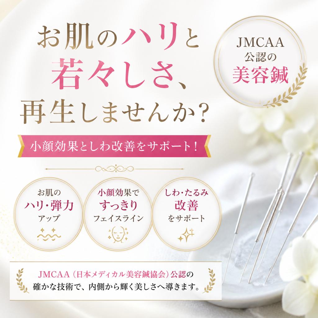 お肌のハリと若々しさ、再生しませんか？<br />
JMCAA公認の美容鍼で小顔効果としわ改善をサポート！